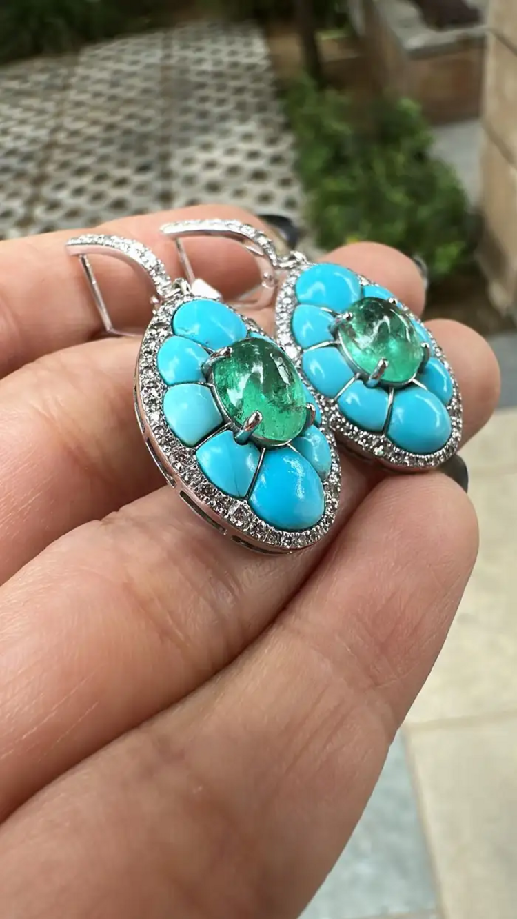 18k White Gold Diamond Dangle Earrings - Natural Emerald & Turquoise Gemstone Earrings