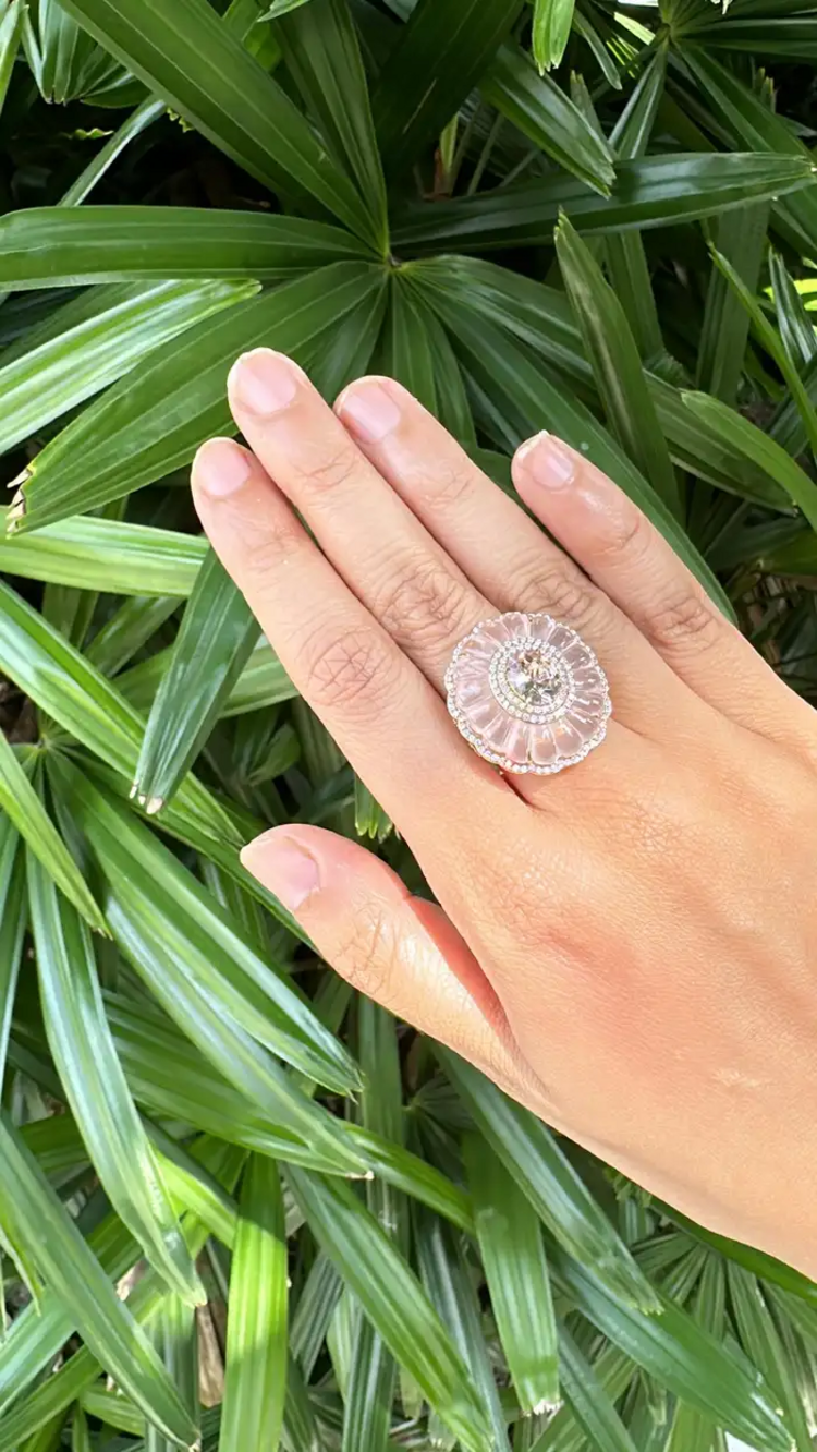 Natural Morganite & Rose Quartz Gemstone Ring - 18k Yellow Gold Diamond Cocktail Ring