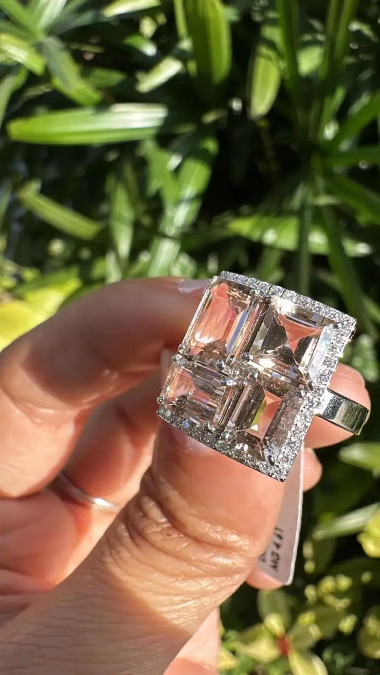 Natural Morganite Gemstone Cocktail Ring - 18k White Gold Handmade Ring With Rose Cut Diamond