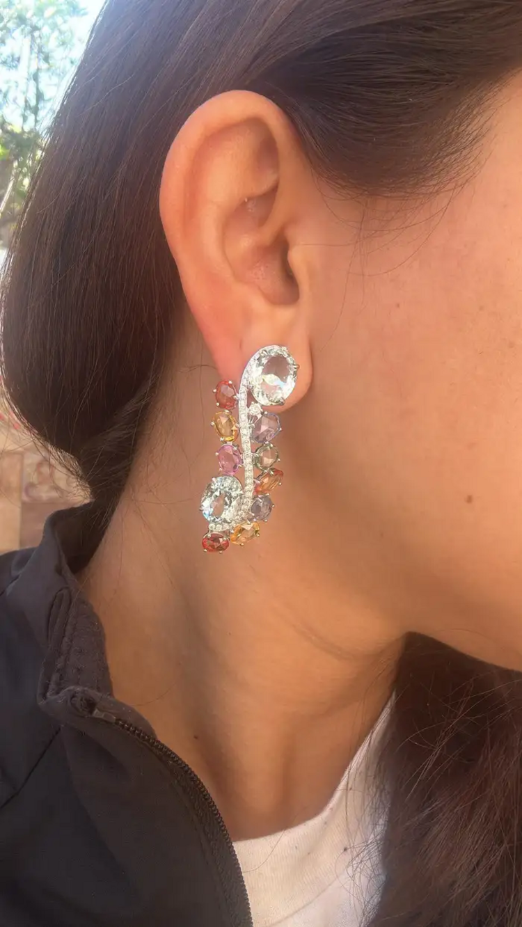 18k White Gold Multi Sapphire Chandelier Earring - Natural Aquamarine & Diamond Earrings