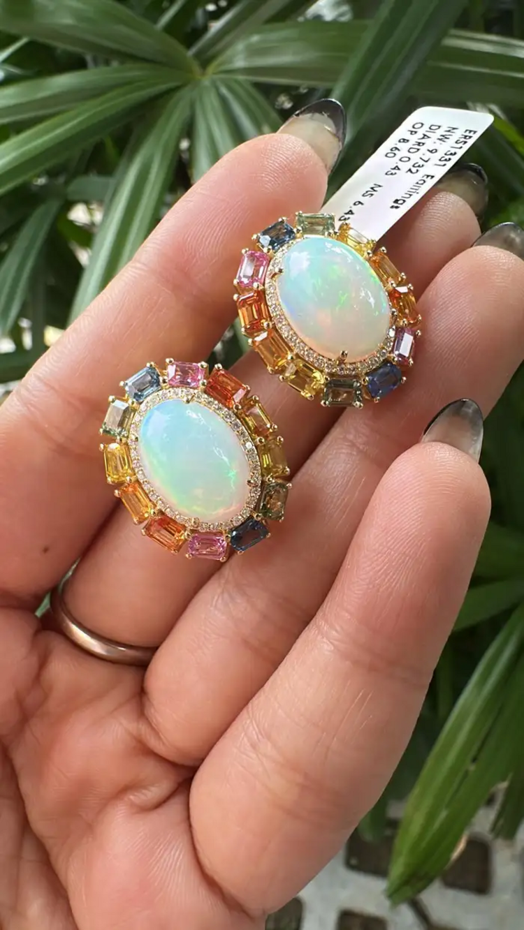 Ethiopian Opal & Ceylon Multi Sapphire Stud Earrings - 18k Yellow Gold Diamond Earrings
