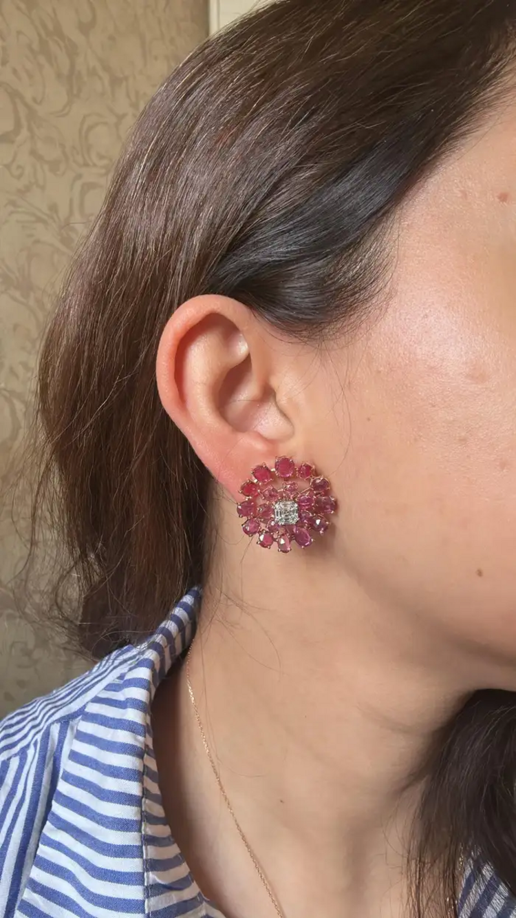 Natural Ceylon Pink Sapphire Floral Stud Earrings - 18k Rose Gold Diamond Stud Earrings