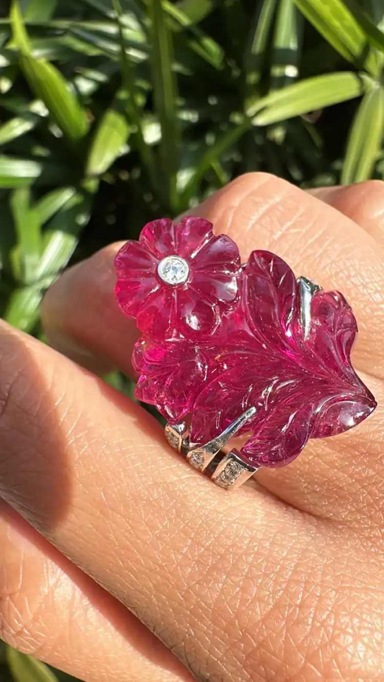 33.00 Ct. Carved Tourmaline Ring - 18k Gold Diamond Big Ring - Gemstone Floral Ring