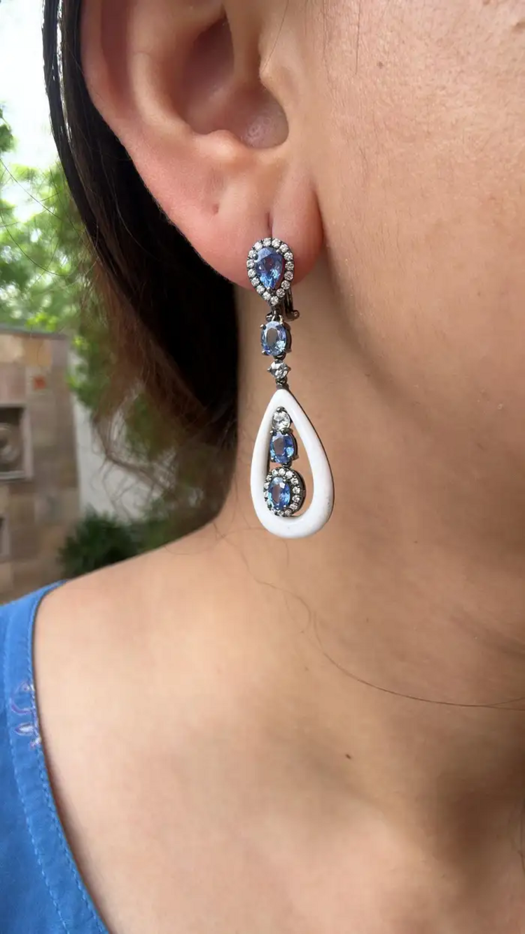 18k White Gold Diamond Dangle Earrings - Natural Blue Sapphire & Onyx Earrings