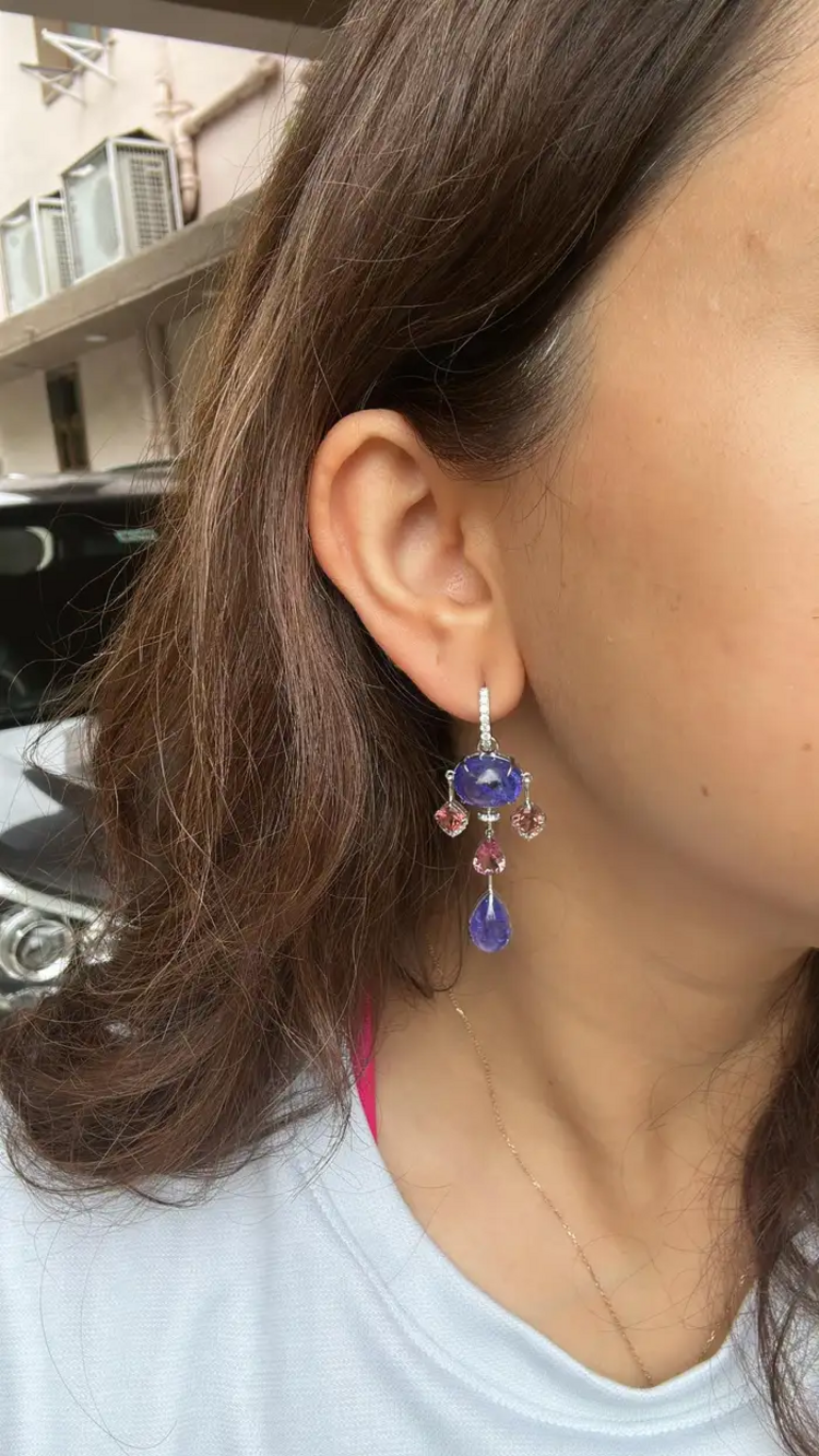 18k White Gold Diamond Earrings - Natural Tanzanite & Tourmaline Gemstone Dangle Earrings