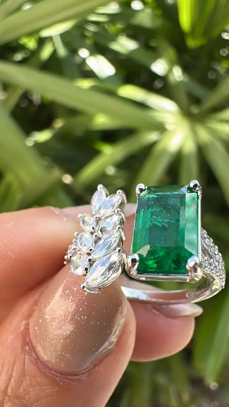Natural Zambian Emerald Cuff Ring - 18k White Gold Rose Cut Diamond Wedding Ring