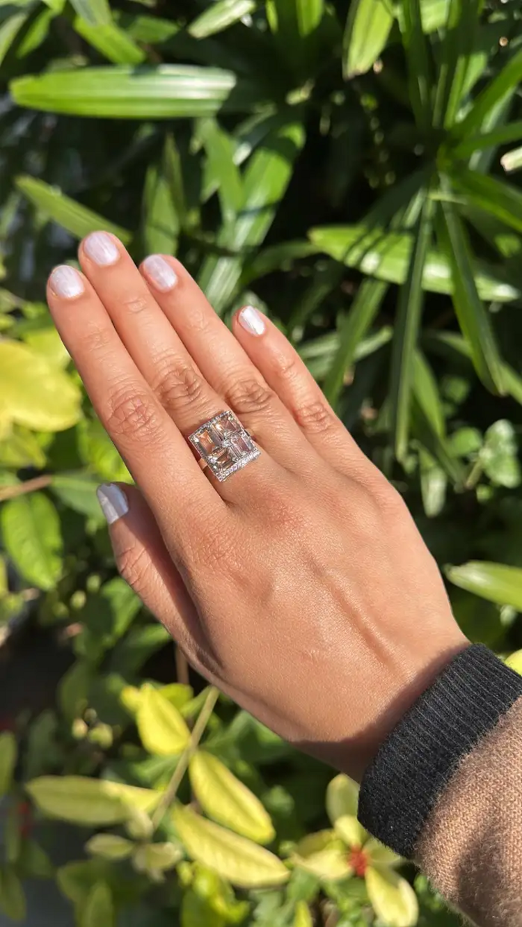 Natural Morganite Gemstone Cocktail Ring - 18k White Gold Handmade Ring With Rose Cut Diamond