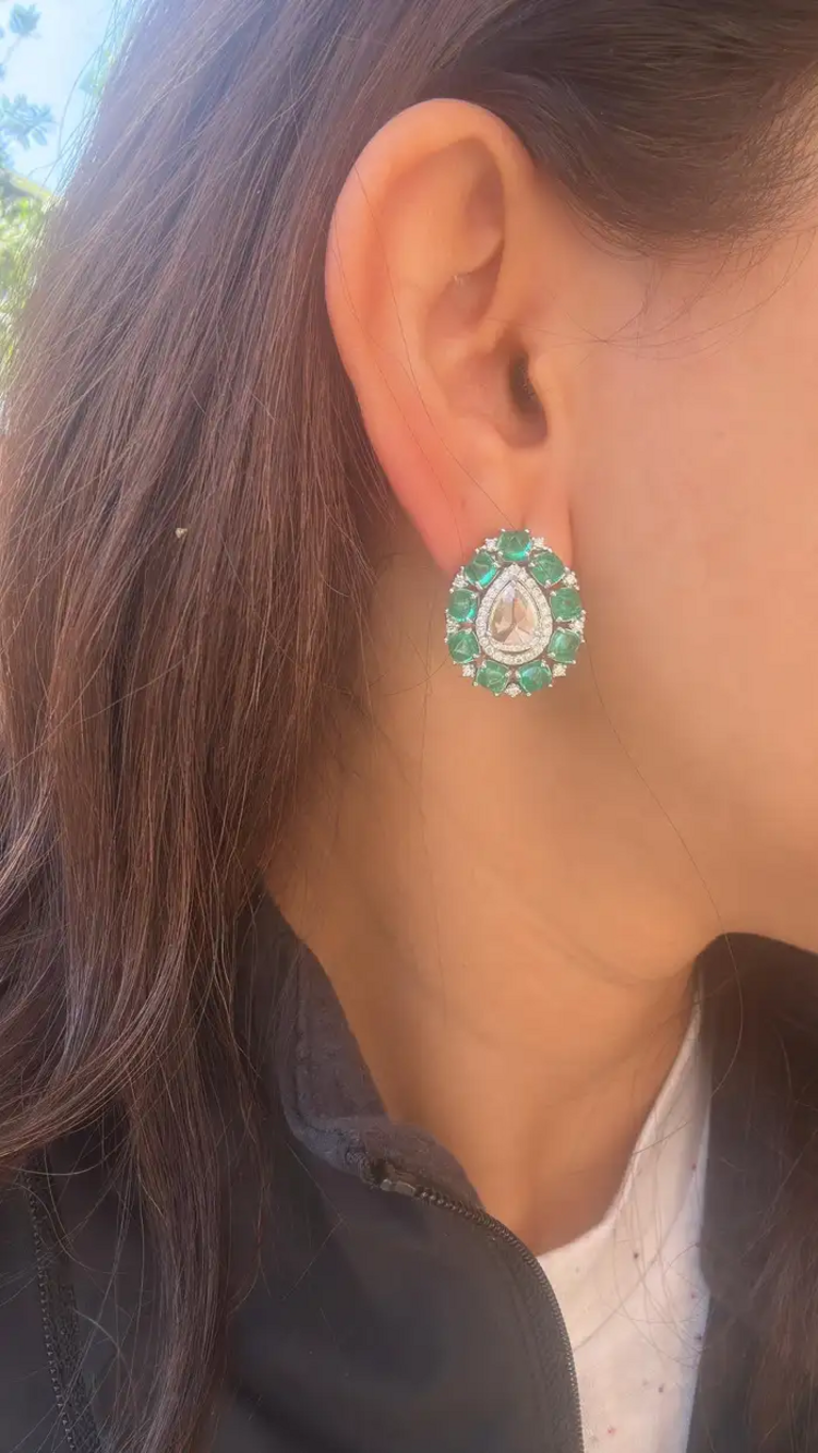Colombian Emerald Sugarloaf & Rose Cut Diamond Stud Earrings - 18k White Gold Handmade Tiny Earrings