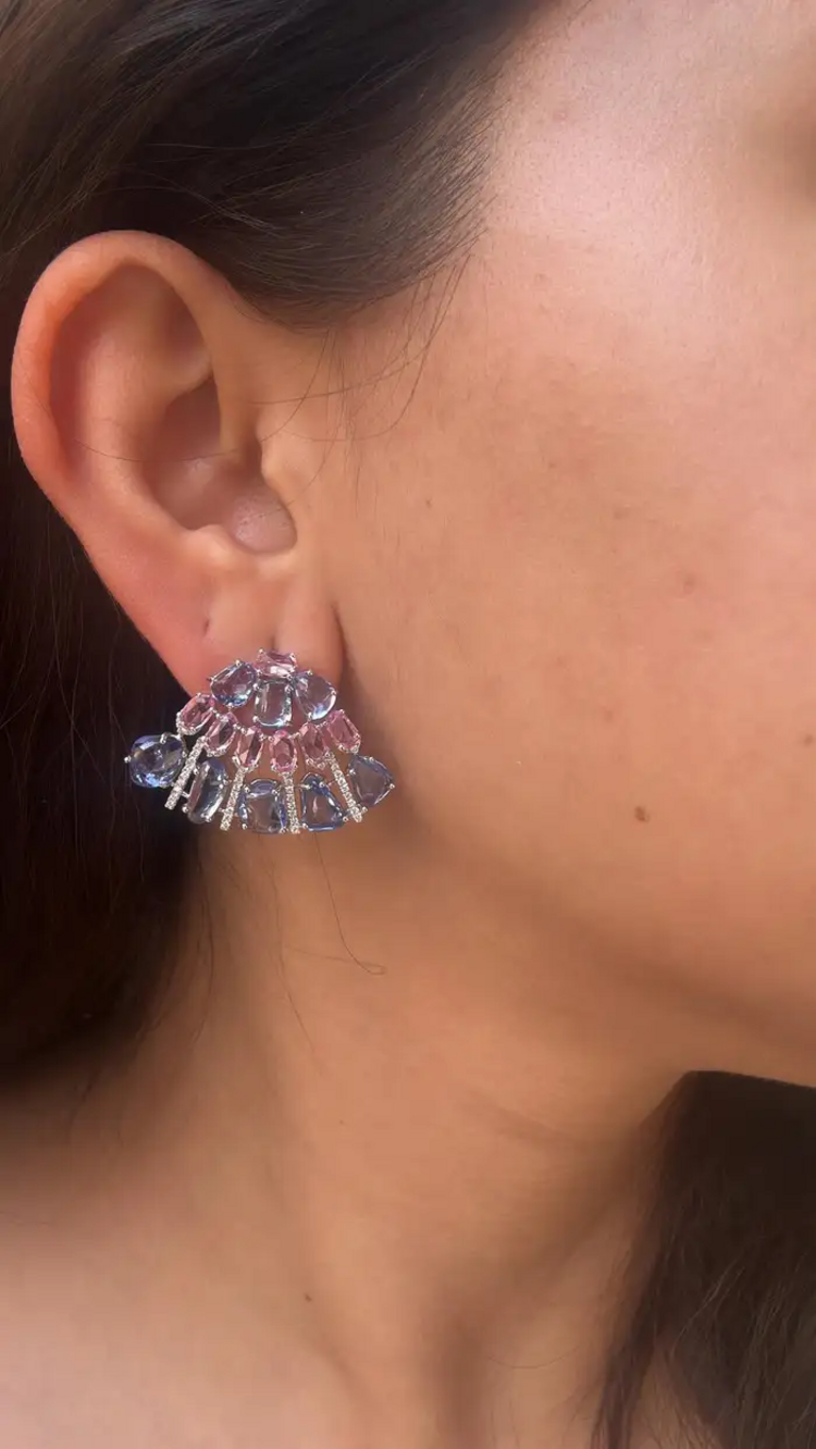 18k White Gold Diamond Stud Earrings - Natural Blue & Pink Sapphire Women Jewelry