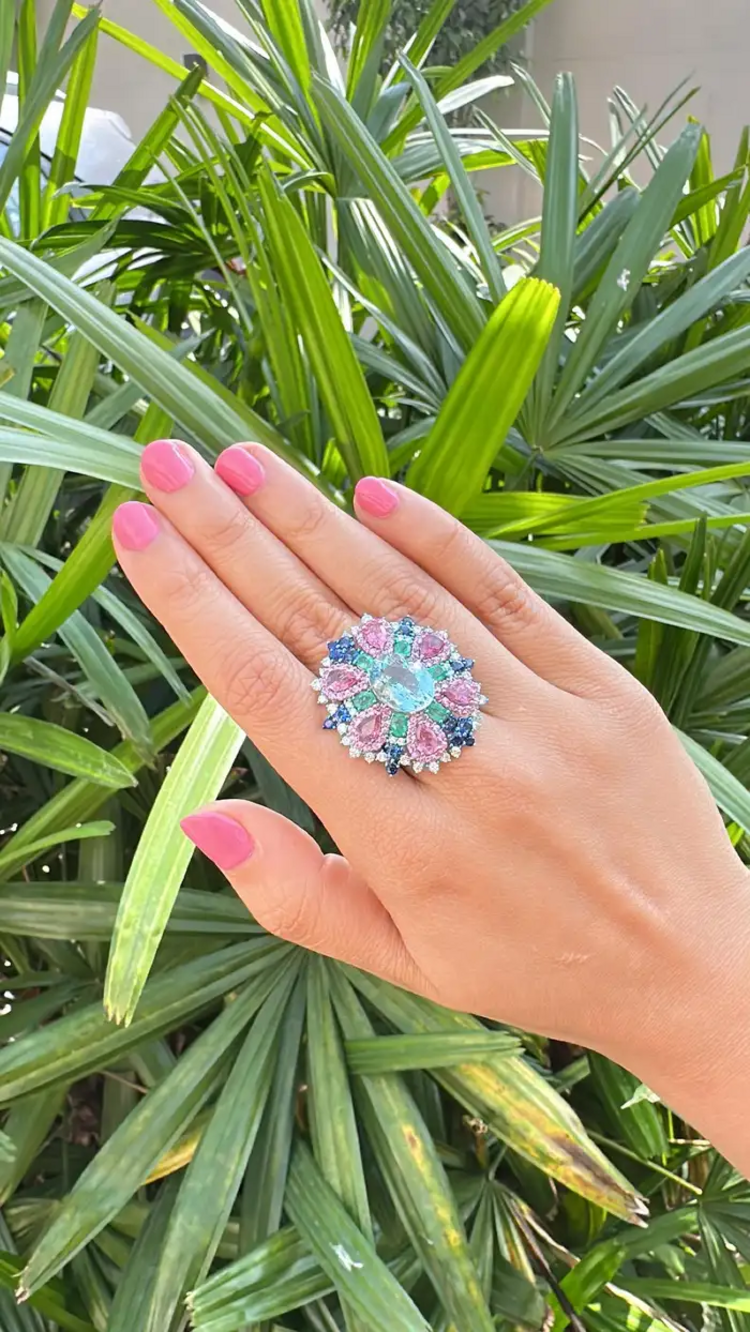 Natural Aquamarine, Sapphires & Emerald Statement Ring - 18k White Gold Diamond Wedding Ring