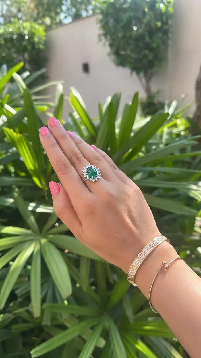 18k White Gold Handmade Diamond Ring - Natural Zambian Emerald Cocktail Ring