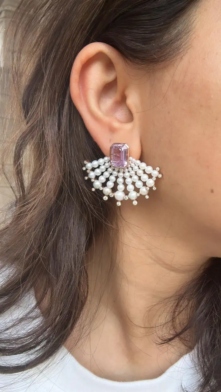 18k Rose Gold Handmade Diamond Stud Earrings - Natural Kunzite & Freshwater Pearls Designer Stud Earrings