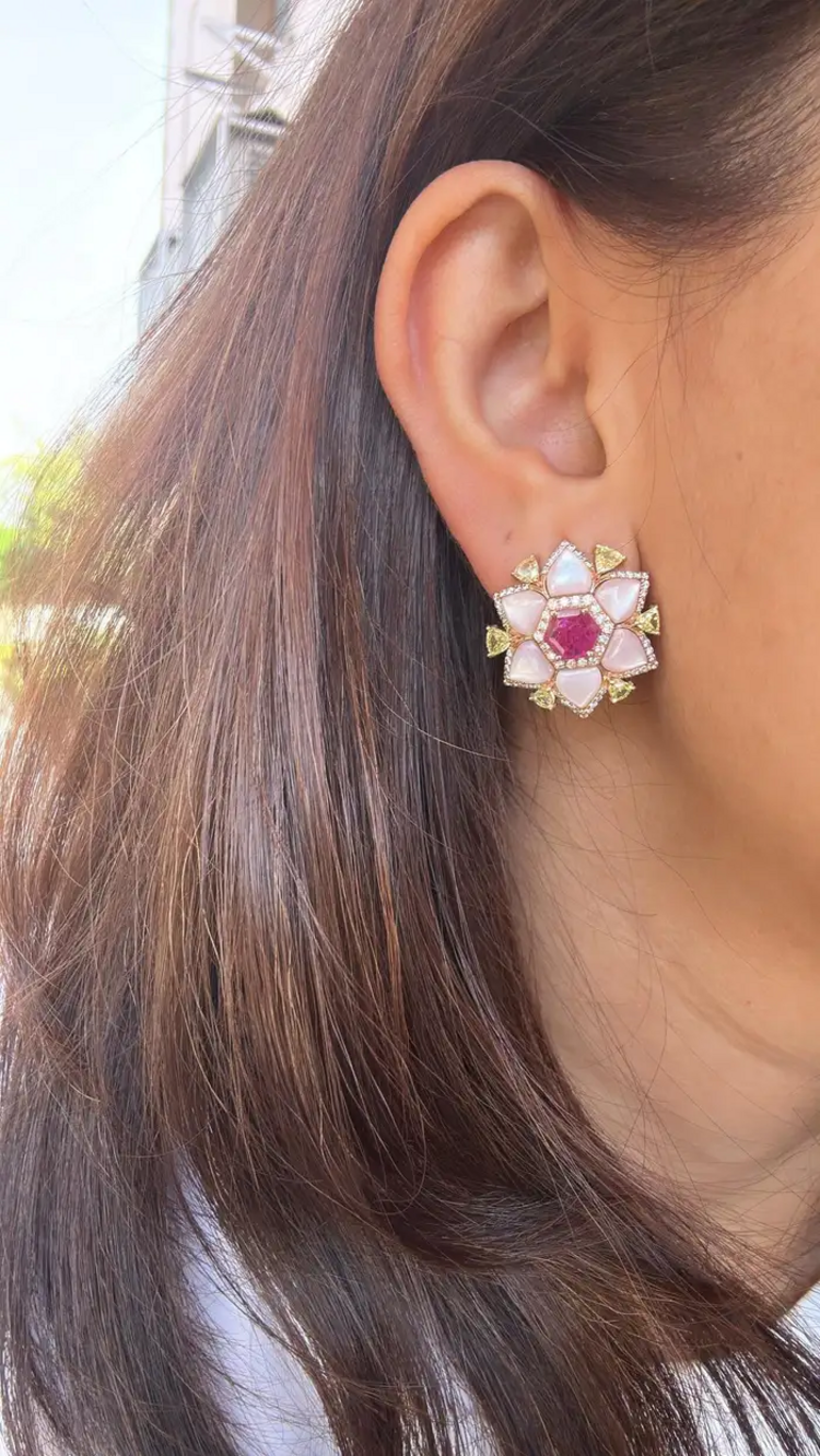 Natural Mozambique Ruby & Pearl Stud Earrings - 18k Rose Gold Yellow Diamond Earrings
