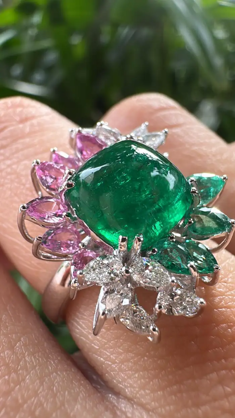 18k White Gold Diamond Cocktail Ring - Natural Zambian Emerald & Pink Sapphire Wedding Ring