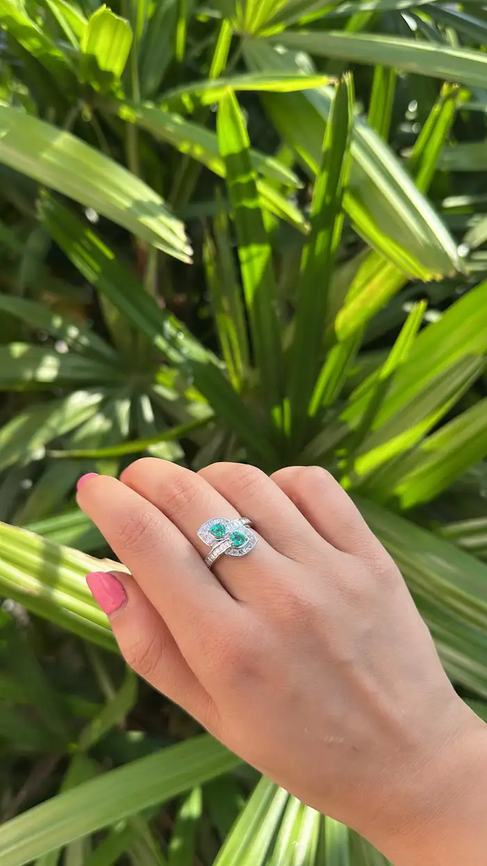 18k White Gold Tapered Baguette Diamonds Engagement Ring - Natural Pear Shape Zambian Emerald Wedding Ring