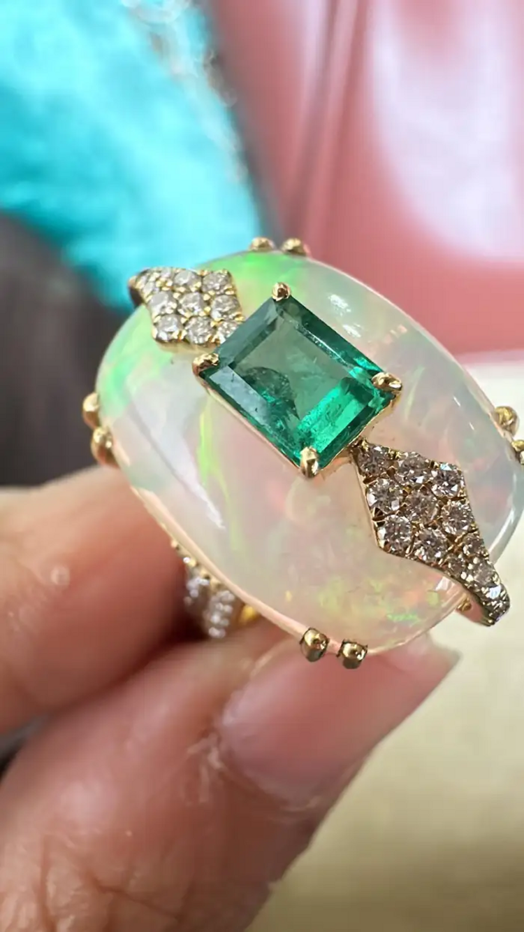 18k Yellow Gold Ethiopian Opal, Diamond Ring - Natural Zambian Emerald Ring