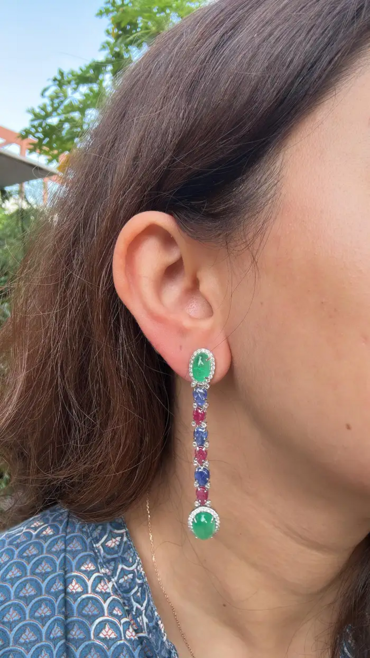 Natural Colombian Emerald & Carved Ruby Gemstone Dangle Earrings - 18k White Gold Diamond Earrings
