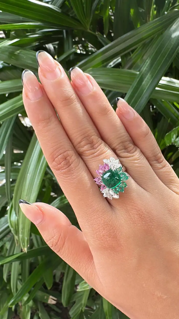 18k White Gold Diamond Cocktail Ring - Natural Zambian Emerald & Pink Sapphire Wedding Ring