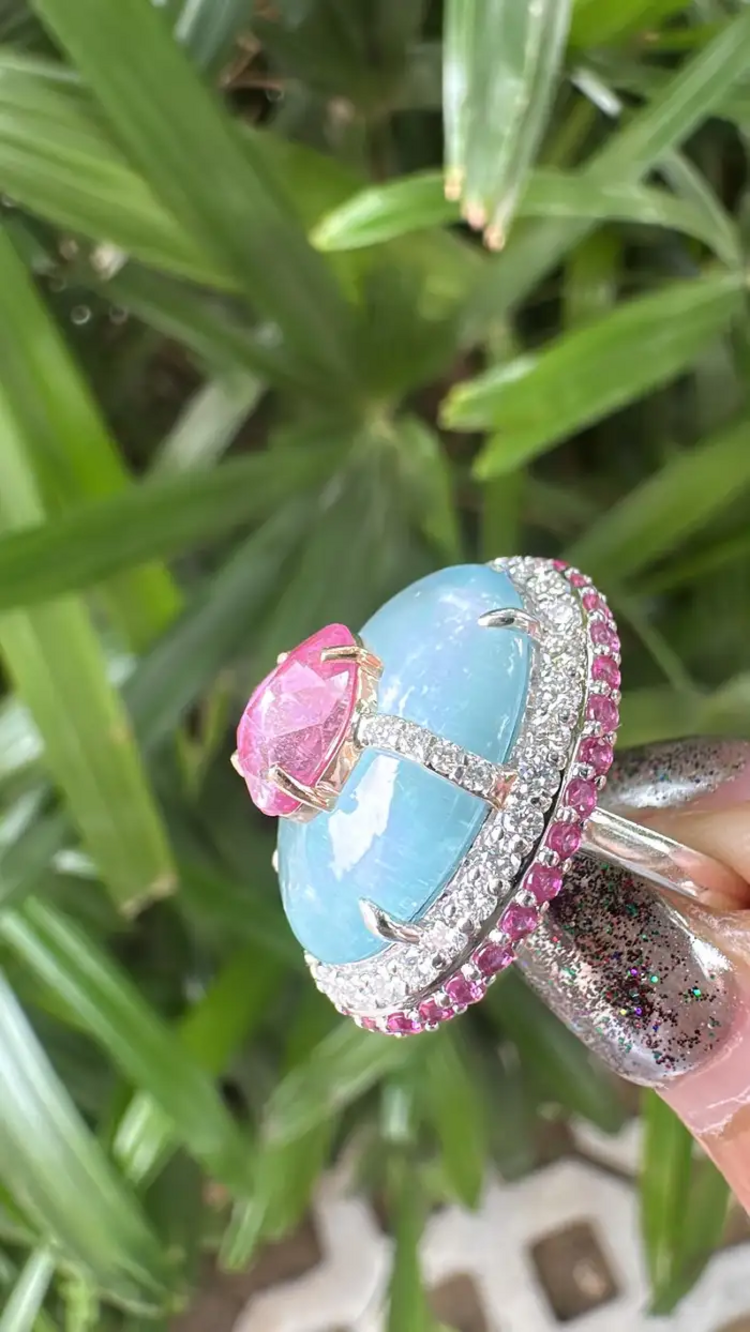 Natural Aquamarine & Pink Sapphire Cocktail Ring - 18k White Gold Diamond Handmade Ring