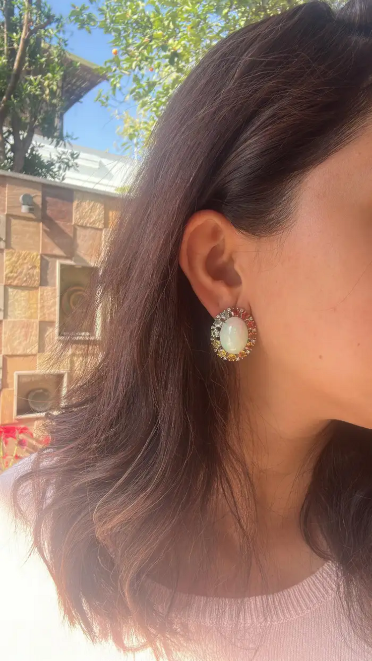Natural Ethiopian Opal & Multi Sapphire Stud Earrings - 18k White Gold Diamond Earrings