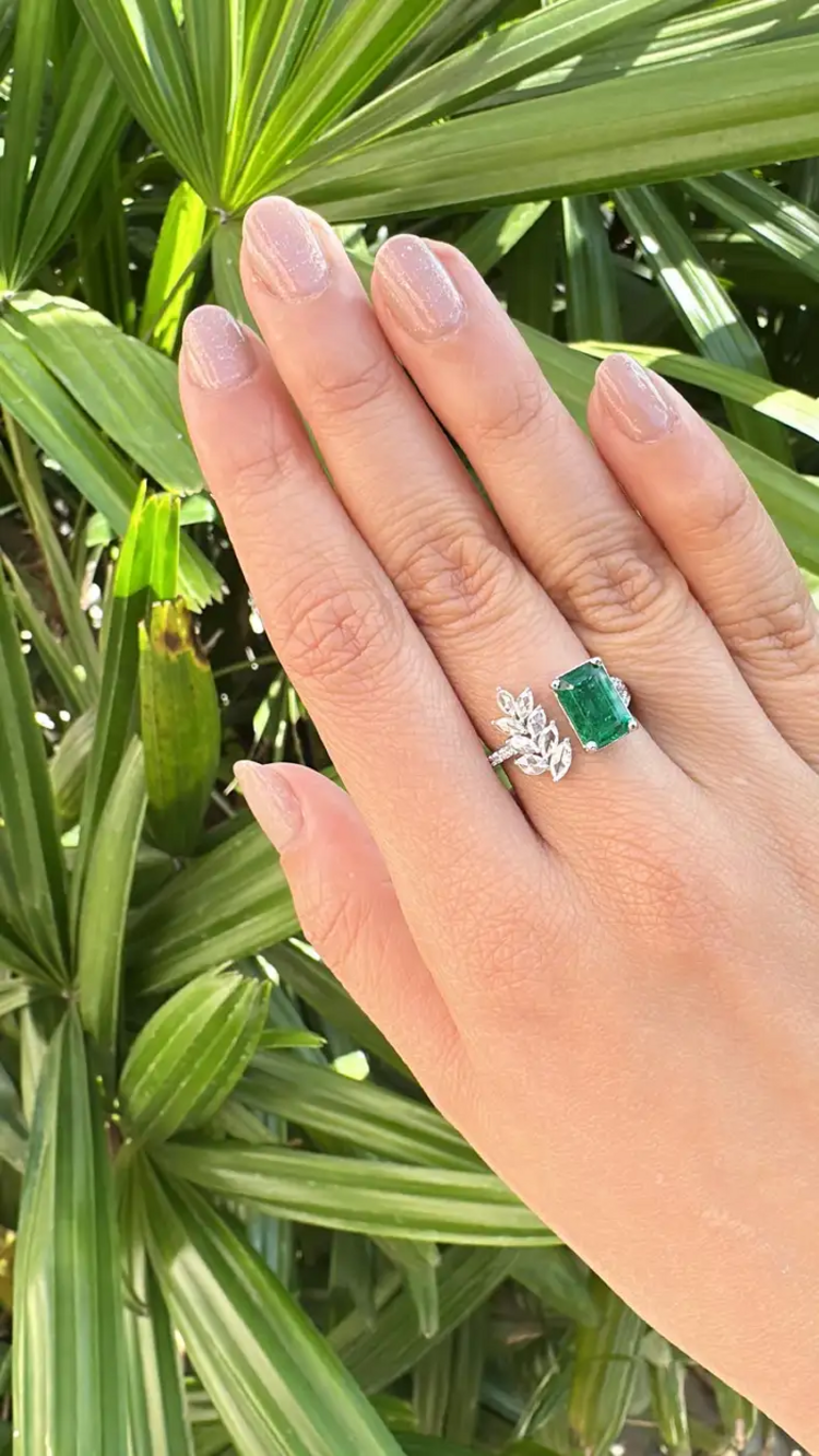 Natural Zambian Emerald Cuff Ring - 18k White Gold Rose Cut Diamond Wedding Ring