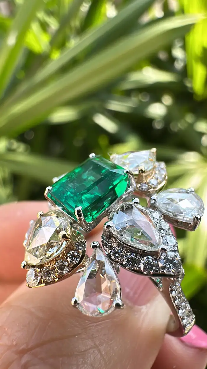 Natural Rose Cut Diamond Cocktail Ring - 18k White Gold Zambian Emerald Wedding Ring