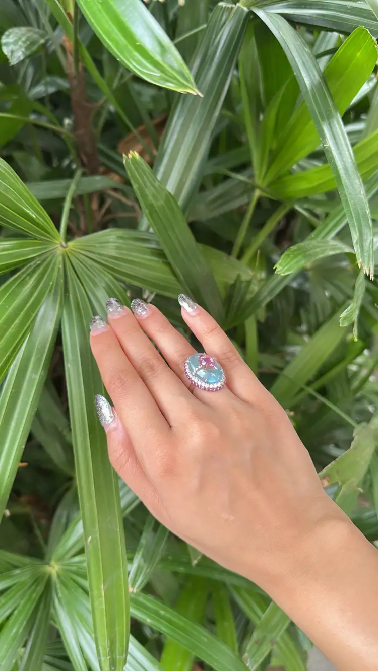 Natural Aquamarine & Pink Sapphire Cocktail Ring - 18k White Gold Diamond Handmade Ring