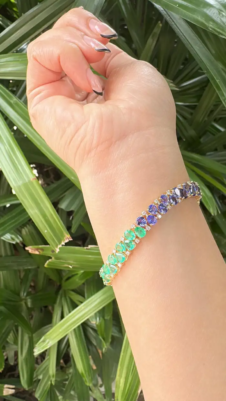Natural Emerald, Tanzanite & Pink Sapphire Bracelet - 18k Yellow Gold Diamond Tennis Bracelet