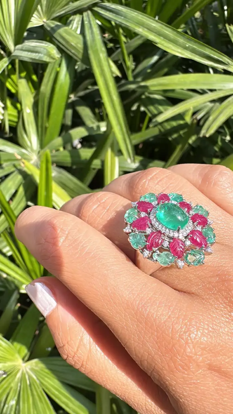 18k White Gold Carved Emerald & Ruby Gemstone Ring - Natural Colombian Emerald Cocktail Ring