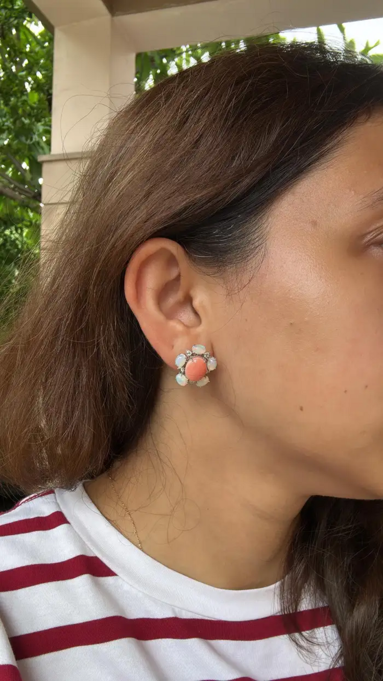 18k White Gold Rose Cut Diamond Stud Earrings - Natural Ethiopian Opal & Coral Earrings
