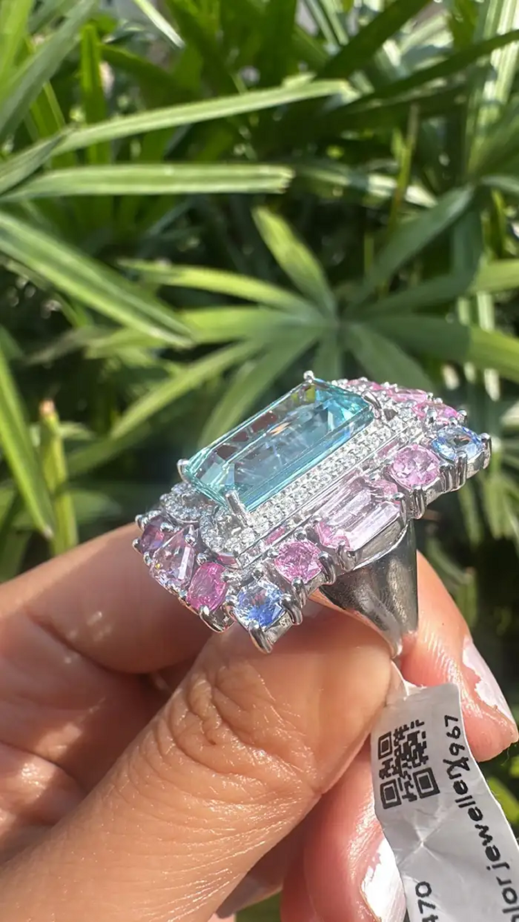 Natural Aquamarine & Multi Sapphire Gemstone Statement Ring - 18k White Gold Diamond Wedding Ring