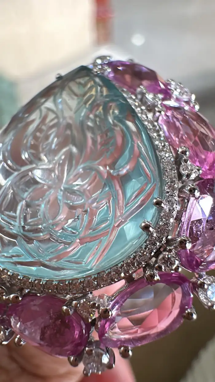 Carved Aquamarine & Pink Sapphire Gemstone Handmade Ring - Solid 18k White Gold Diamond Statement Ring