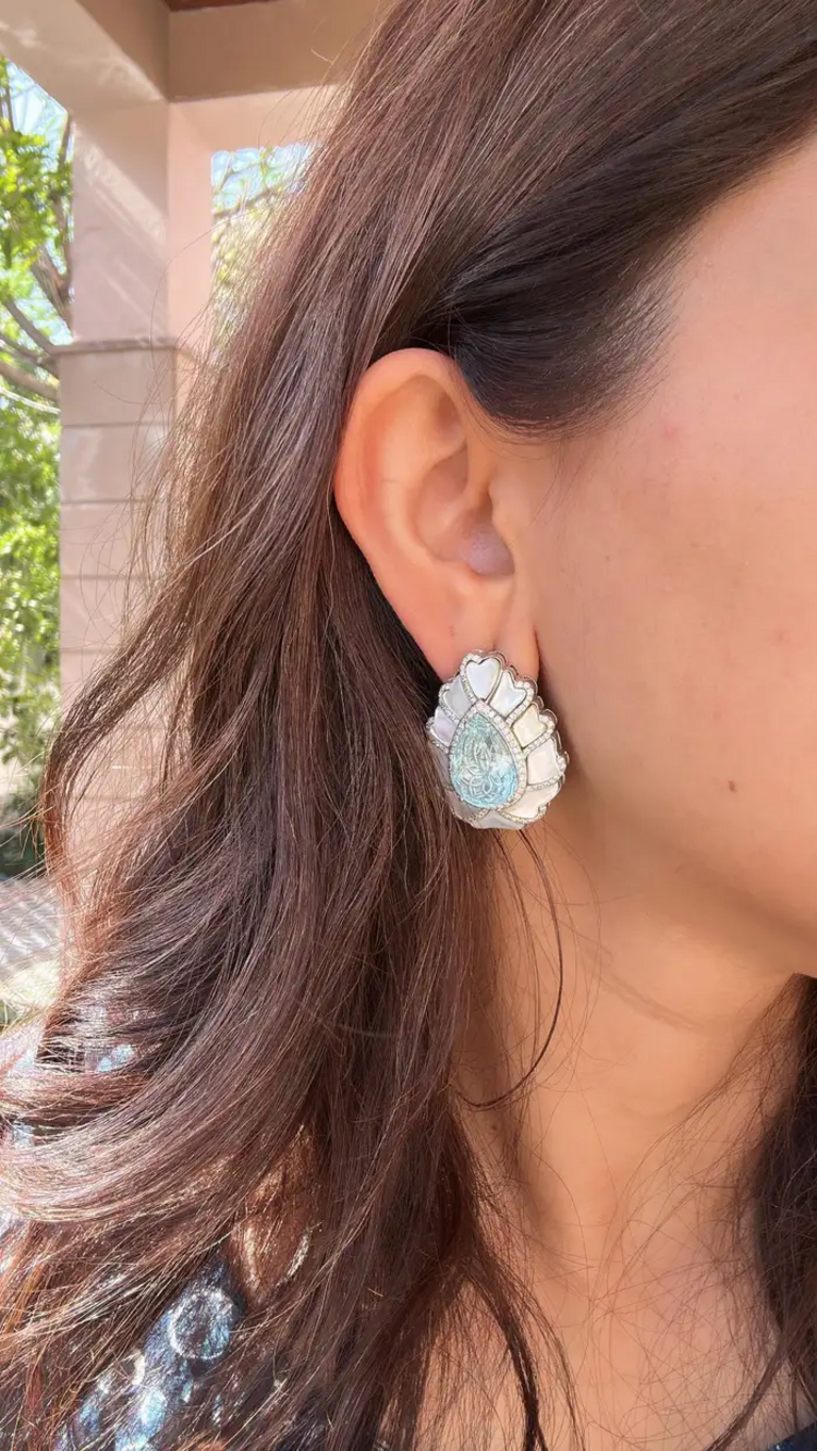 18k White Gold Handmade Diamond Stud Earrings - Pear Shape Carved Aquamarine & Pearl Stud Earrings