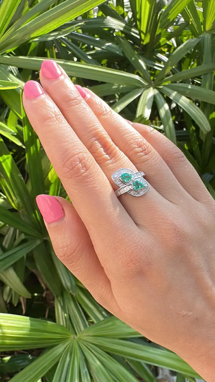 18k White Gold Tapered Baguette Diamonds Engagement Ring - Natural Pear Shape Zambian Emerald Wedding Ring