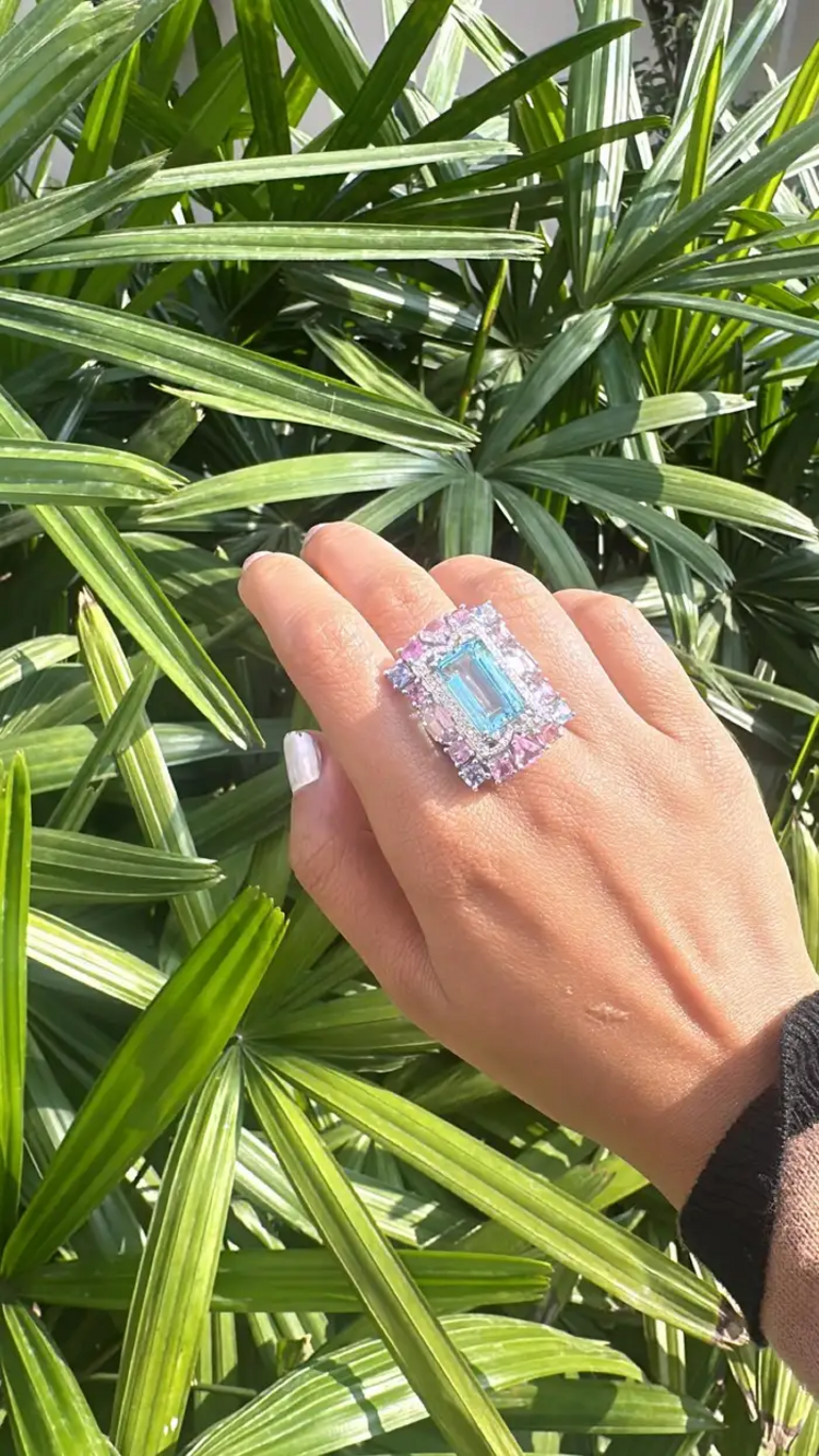 Natural Aquamarine & Multi Sapphire Gemstone Statement Ring - 18k White Gold Diamond Wedding Ring