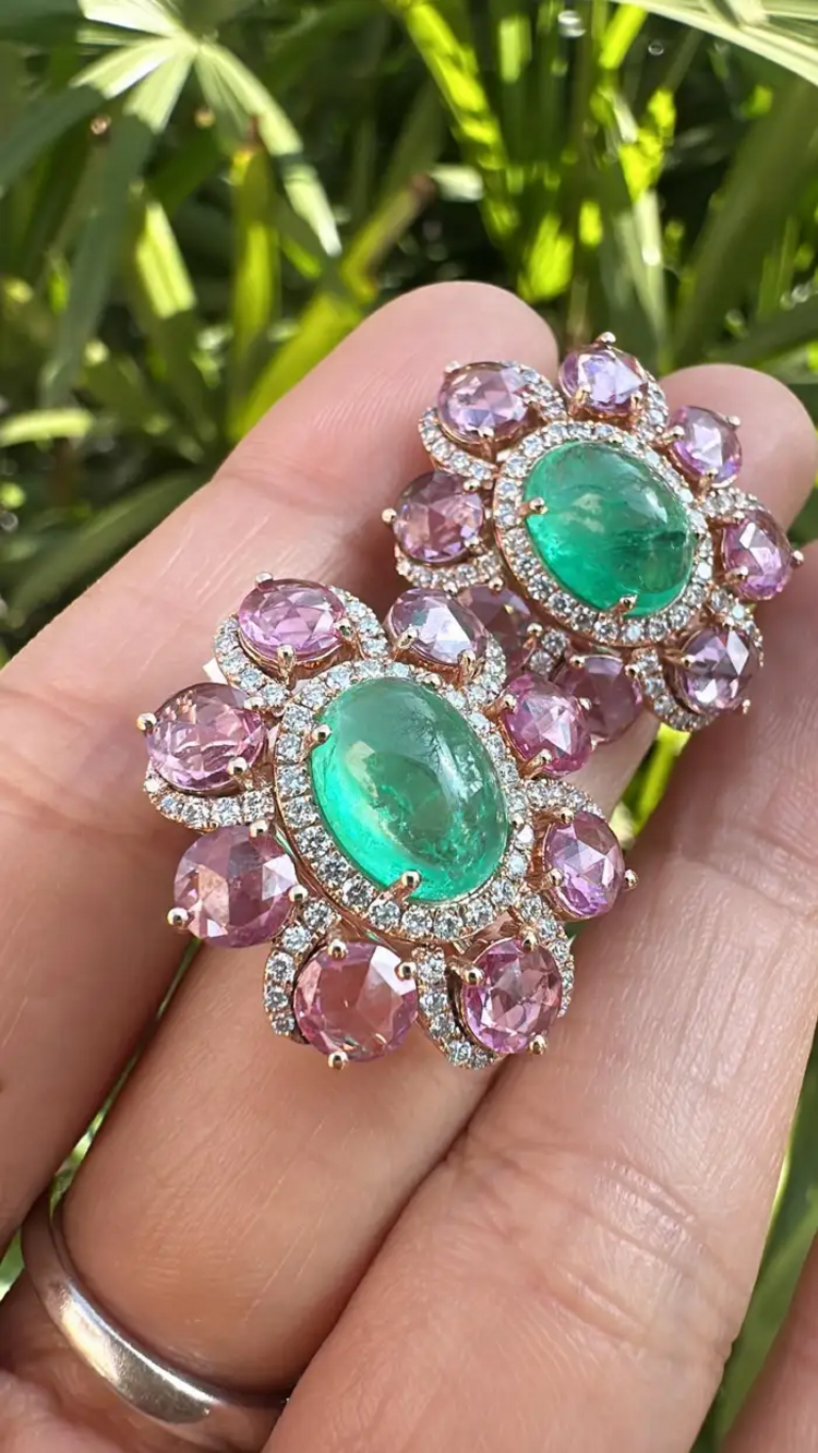 Natural Colombian Emerald & Pink Sapphire Stud Earrings - 18k Rose Gold Diamond Earrings