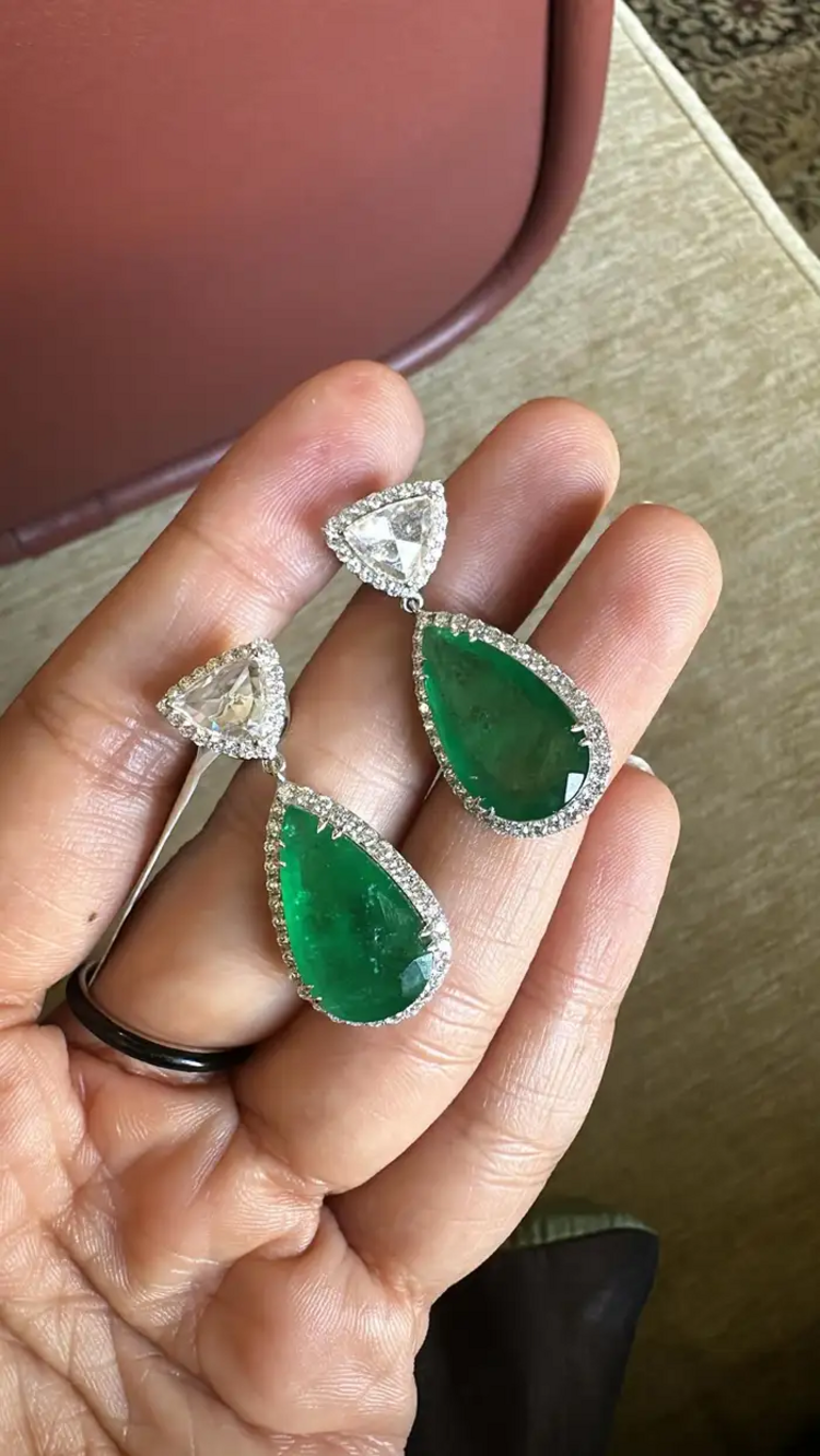 Solid 18k White Gold Handmade Dangle Earrings - Natural Zambian Emerald & Rose Cut Diamond Drop Dangle Women Earrings