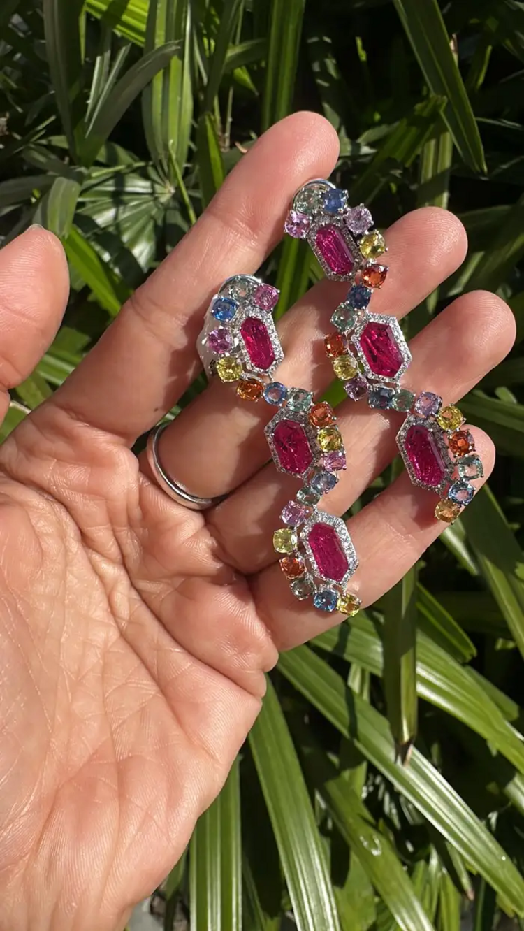 Natural Mozambique Ruby & Multi Sapphire Dangle Earrings - 18k White Gold Diamond Earrings