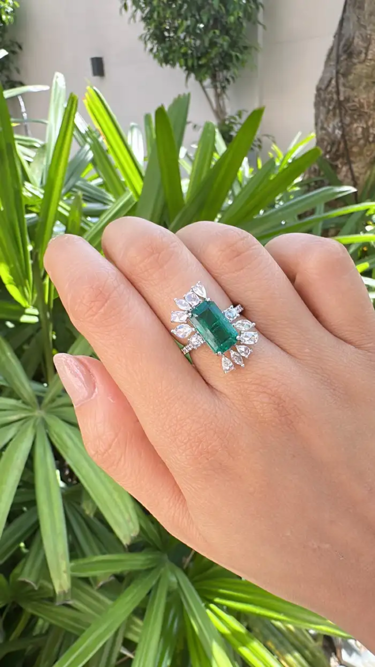 18k White Gold 4.07 Ct. Zambian Emerald Ring - Natural Rose Cut Diamond Engagement Ring