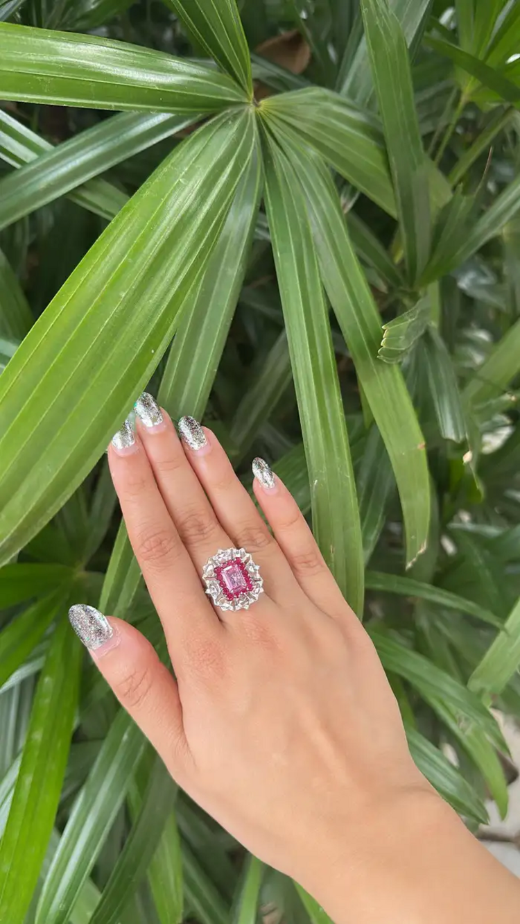 18k White Gold Rose Cut Diamond Cocktail Ring - Natural Ruby & Pink Sapphire Wedding Ring