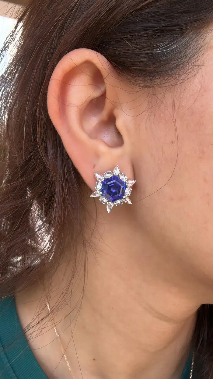 9.83 Ct. Natural Tanzanite Gemstone Minimalist Stud Earrings - 18k White Gold Rose Cut Diamonds Star Earrings - December Birthstone Earrings