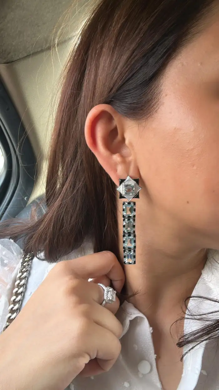 Natural Aquamarine & Black Onyx Dangle Earrings - 18k White Gold Diamond Wedding Earrings