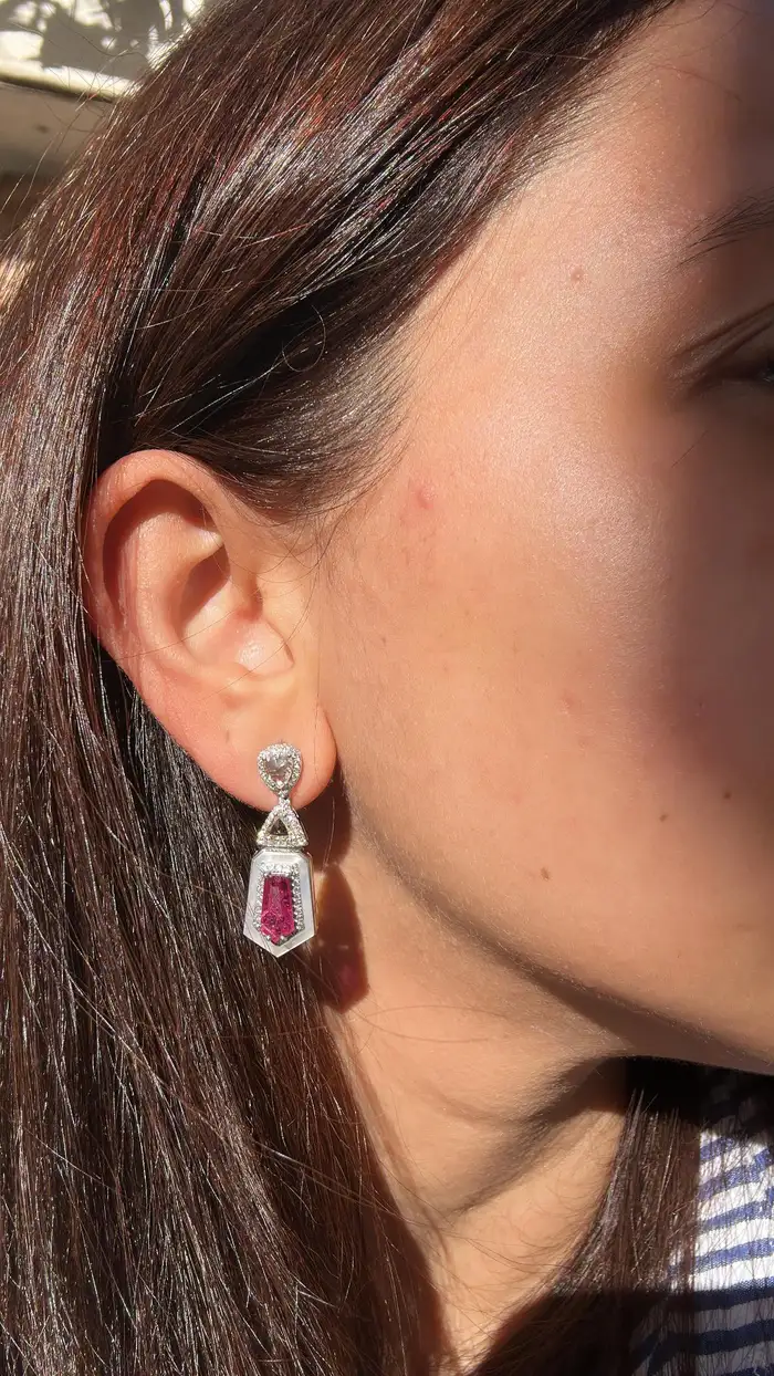 Natural Mozambique Ruby & Pearl Dangle Earrings - 18k White Gold Rose Gold Handmade Earrings