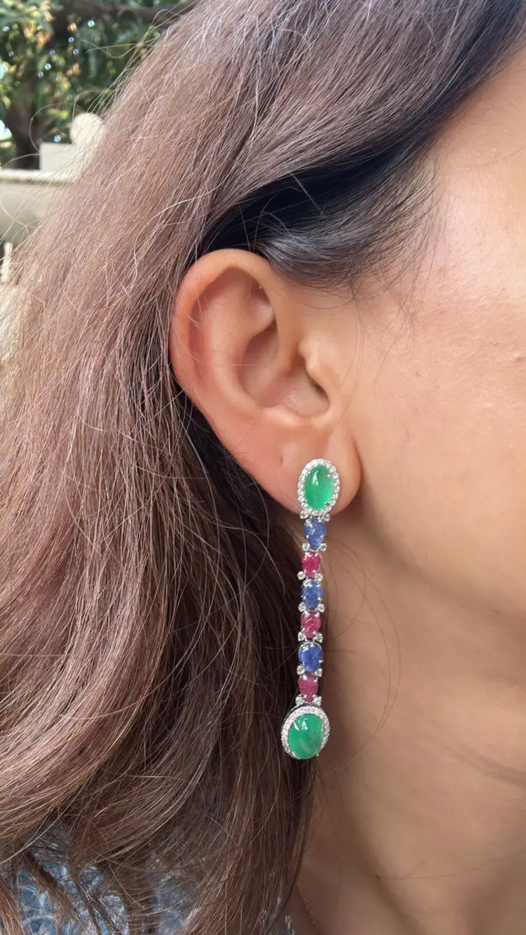 Natural Colombian Emerald & Carved Ruby Gemstone Dangle Earrings - 18k White Gold Diamond Earrings