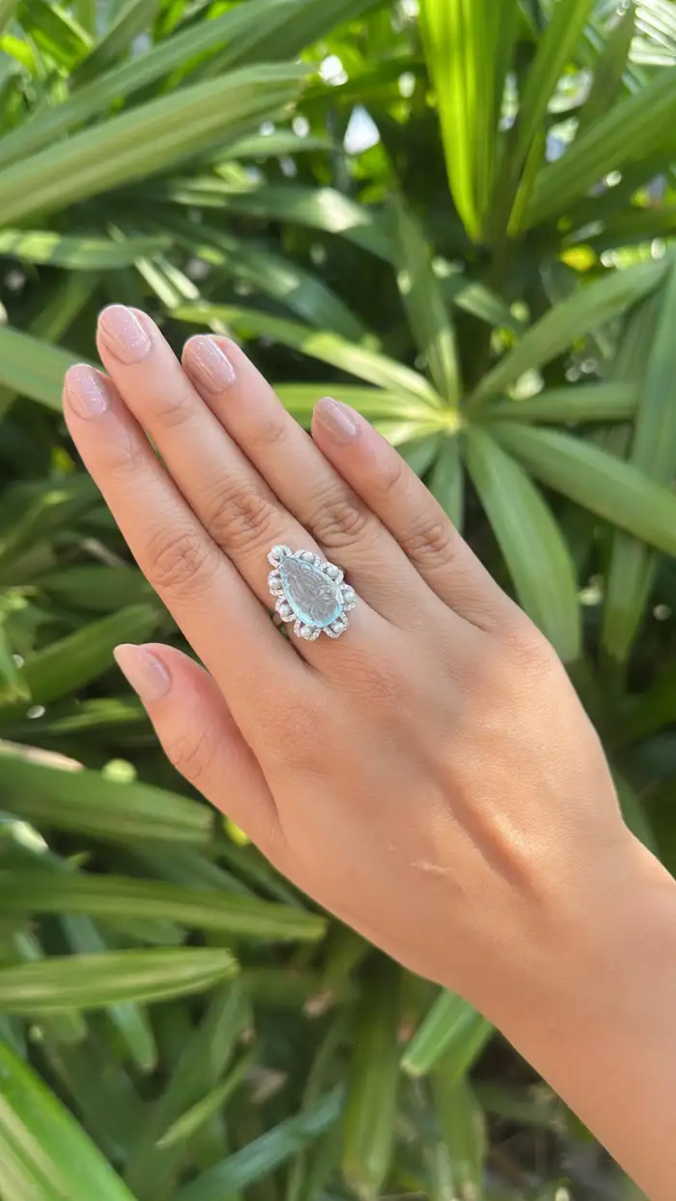6.28 Ct. Carved Aquamarine & Fresh Water Pearl Engagement Ring - 18k White Gold Diamond Handmade Ring