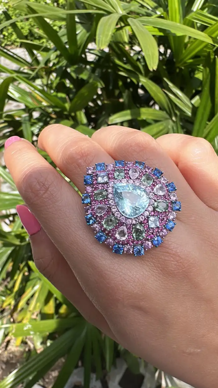 Natural Aquamarine & Multi Sapphire Gemstone Statement Ring - 18k White Gold Diamond Wedding Ring