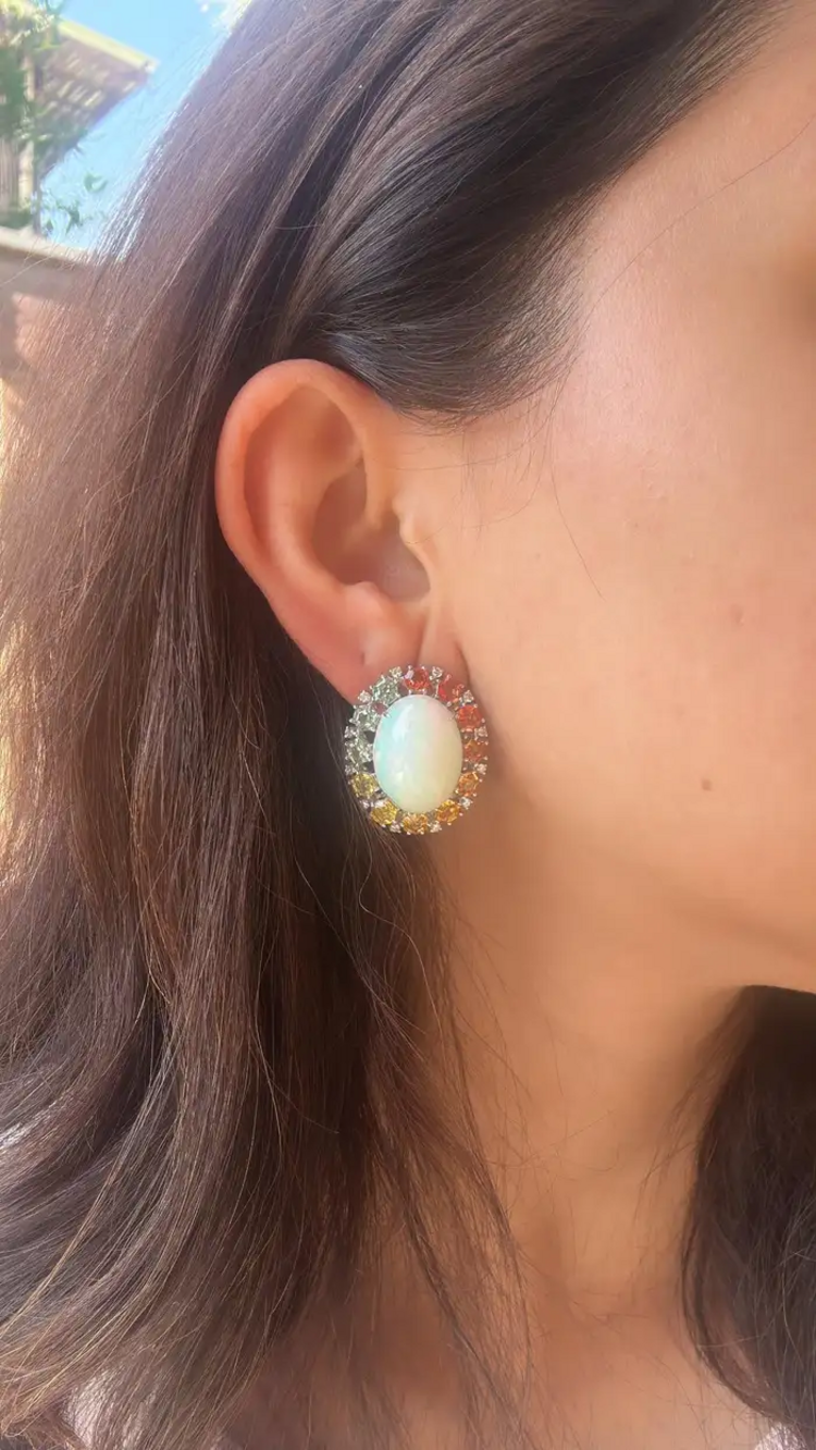 Natural Ethiopian Opal & Multi Sapphire Stud Earrings - 18k White Gold Diamond Earrings