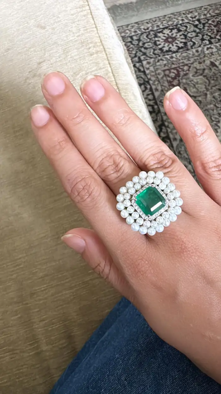 Natural Zambian Emerald & Diamond Wedding Ring - 18k White Gold Fresh Water Pearl Cocktail Ring