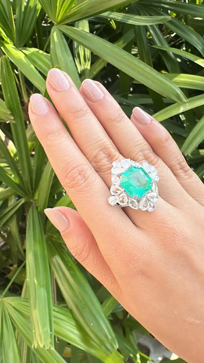 9.22 Ct. Colombian Emerald Engagement Ring - Natural Rose Cut Diamond Wedding Ring