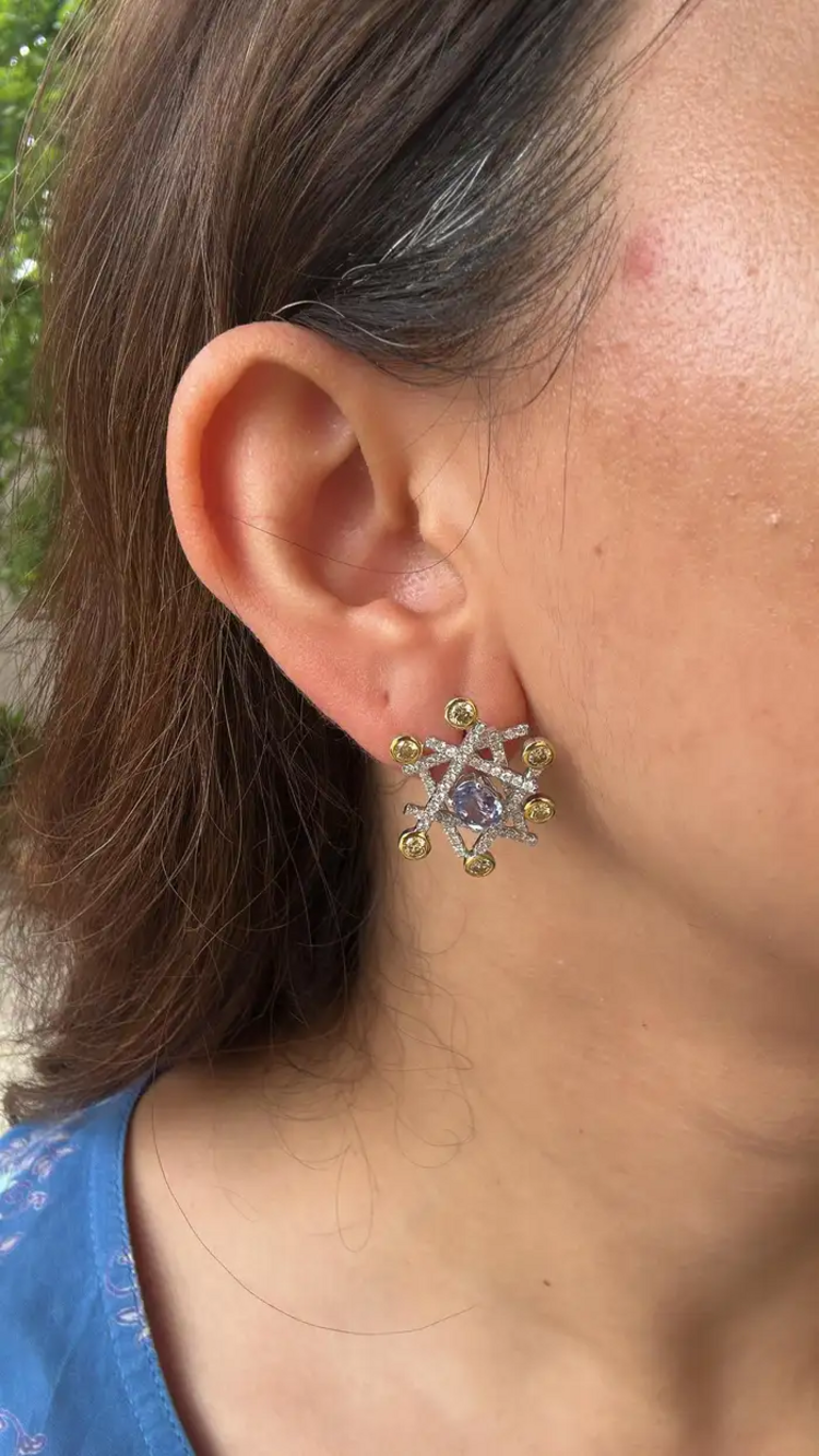 18k White Gold Handmade Stud Earrings With Yellow Diamonds - Natural Blue & Green Sapphire Stud Earrings